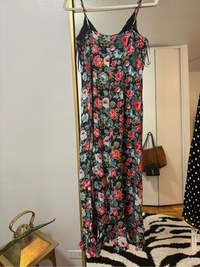 MAJORELLE Black Maxi Slip Dress with Pink & Teal Floral Print